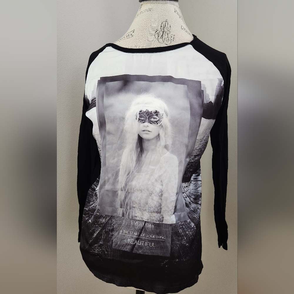 PROMOD black long sleeve graphic top in size S